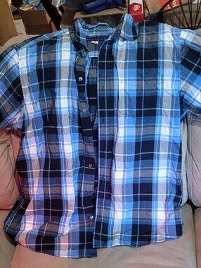 Blue and Black Plaid Short-Sleeve Button-Down Shirt
